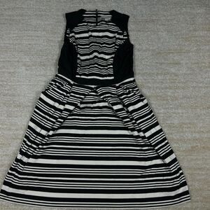 Loft Striped Fit & Flare Dress Womens 2 Black White Sleeveless A-Line Zip